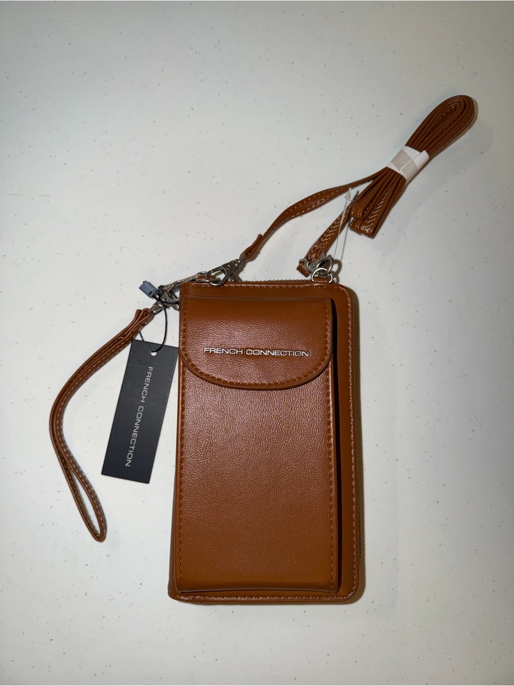 French Connection Athena Smooth Phone Crossbody Wristlet  Cognac